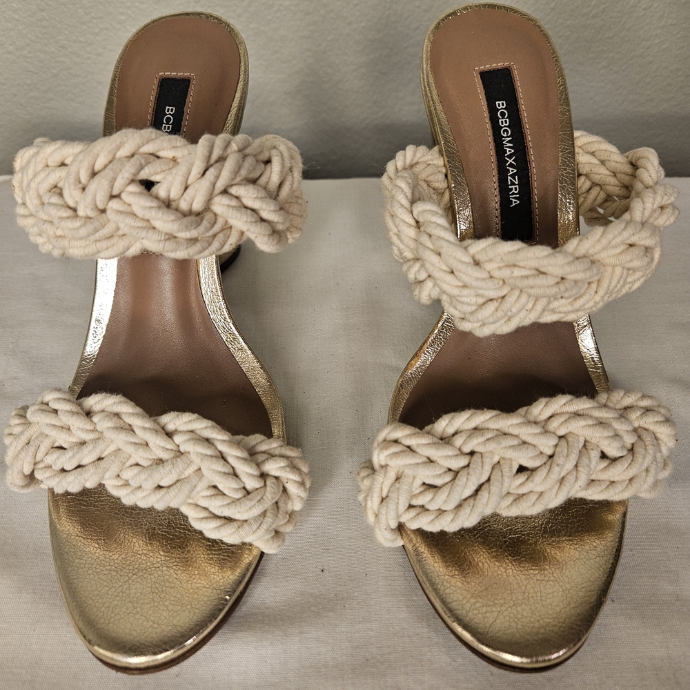 BCBGMaxAzria Gold Heels with Cream Braided Straps